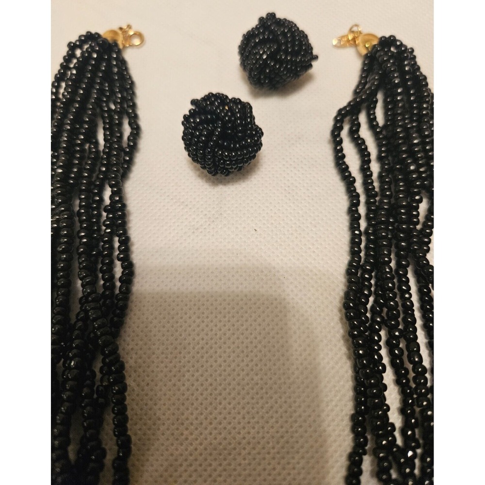 VINTAGE TRIFARI Beaded Necklace and Earrings Set - Black Seed Beads Jewelry Set - Picture 11 of 15